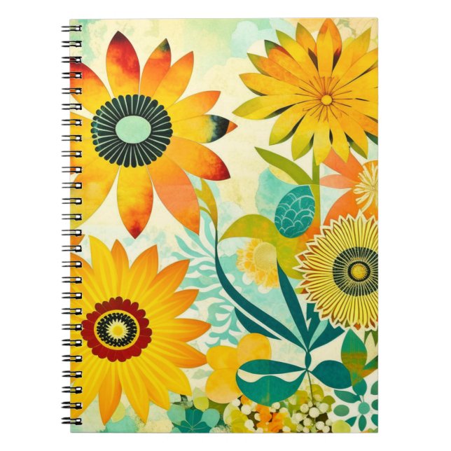 Pretty Yellow and Turquoise Folk Art Flowers Notebook (Front)