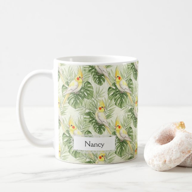 Pretty Yellow and White Cockatiel Pet Bird Custom  Coffee Mug (With Donut)