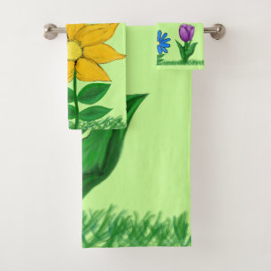 Pretty Yellow Blue Purple Floral Bath Towel Set