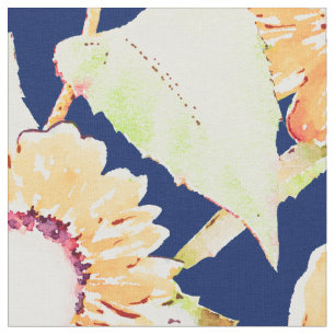 Pretty Yellow & Blue Sunflowers Watercolor Paint  Fabric