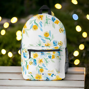 Pretty yellow blue wild flower name floral pattern printed backpack