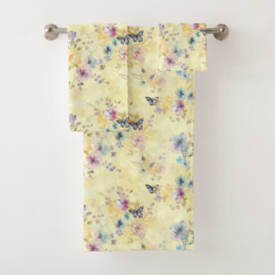 Pretty Yellow Butterfly Floral Pastel Bath Towel Set