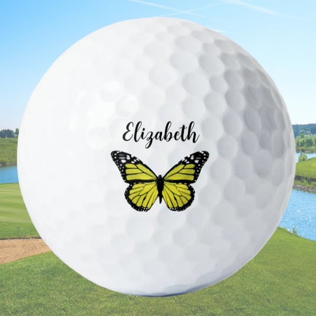 Pretty yellow butterfly with custom name ladies golf balls (Creator Uploaded)