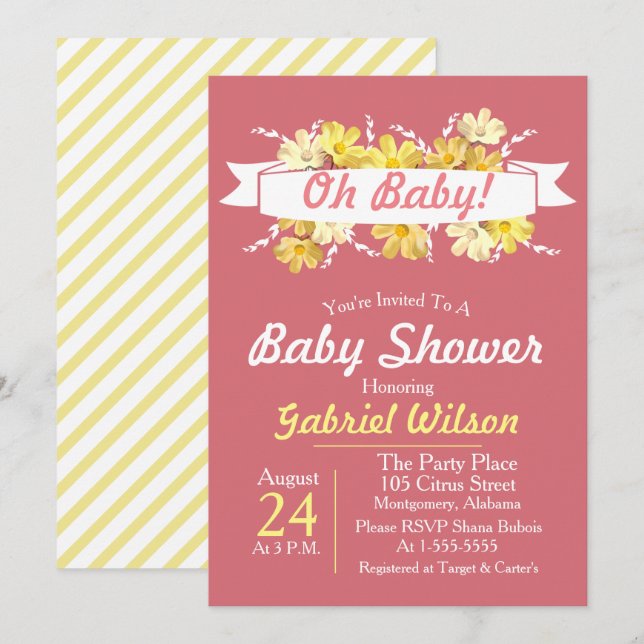 Pretty Yellow Daisies & Pink Baby Shower Invitation (Front/Back)