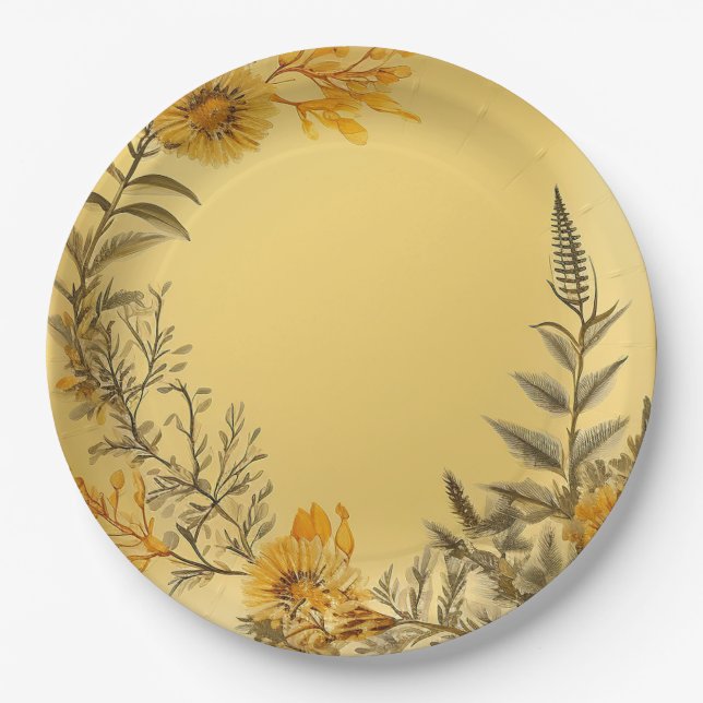 Pretty Yellow Dandelions Ferns Greenery Paper Plate (Front)