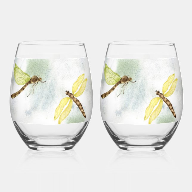 Pretty Yellow Dragonfly Print Stemless Wine Glass (Front)