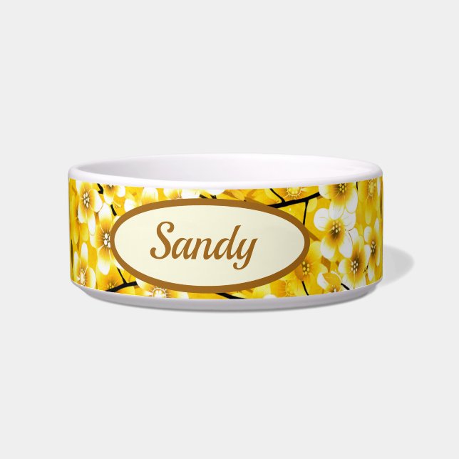 Pretty Yellow Floral Botanical Pattern Dog Cat Bowl (Front)