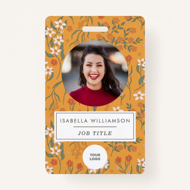 Pretty Yellow Floral Employee Photo ID Template ID Badge (Front)