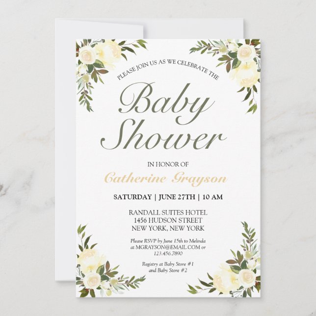 Pretty Yellow Floral Gender Neutral Baby Shower Invitation (Front)