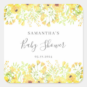 Pretty Yellow Floral Gender Neutral Baby Shower Square Sticker