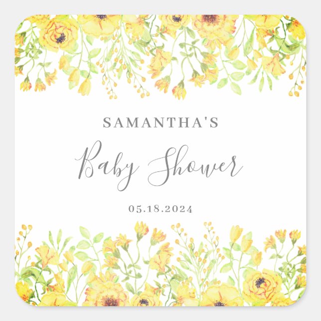 Pretty Yellow Floral Gender Neutral Baby Shower Square Sticker (Front)