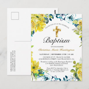 Pretty Yellow Floral Gold Cross Baptism Invitation Postcard