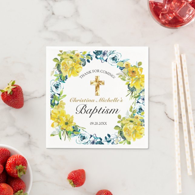 Pretty Yellow Floral Gold Cross Baptism Reception Napkin (Insitu)