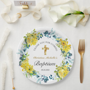 Pretty Yellow Floral Gold Cross Baptism Reception Paper Plate