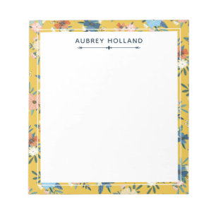 Pretty Yellow Floral Pattern Add Name Notepad