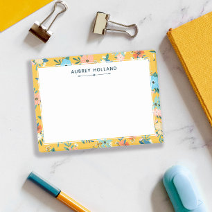 Pretty Yellow Floral Pattern Add Name Post-it Notes