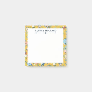 Pretty Yellow Floral Pattern Add Name Post-it Notes