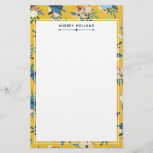 Pretty Yellow Floral Pattern Add Name Stationery