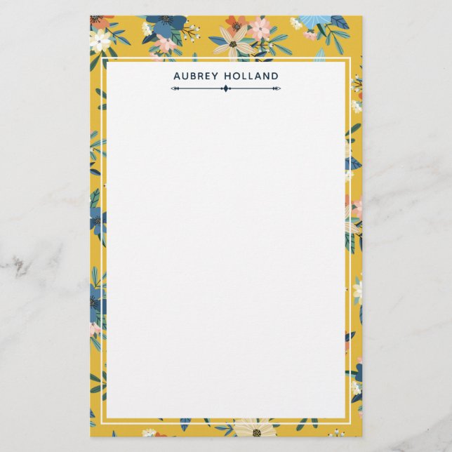 Pretty Yellow Floral Pattern Add Name Stationery (Front)