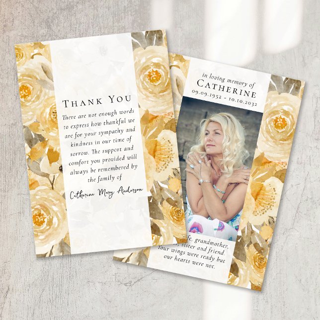 Pretty Yellow Floral Photo Sympathy Funeral Thank You Card (Creator Uploaded)