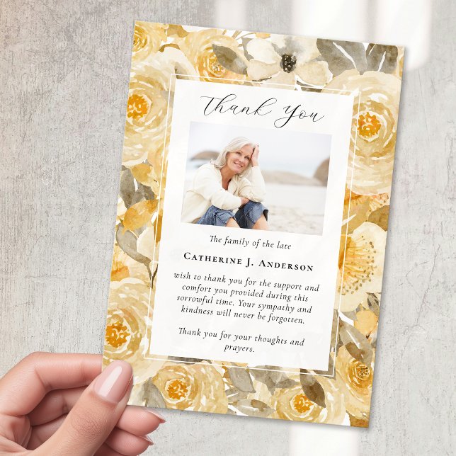 Pretty Yellow Floral Photo Sympathy Funeral Thank You Card (Creator Uploaded)