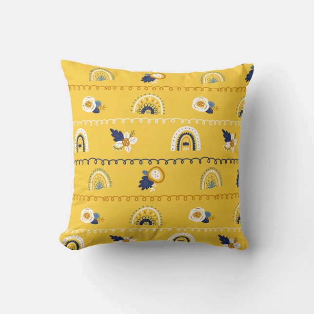 Pretty Yellow Floral Rainbow Pattern Cushion (Front)