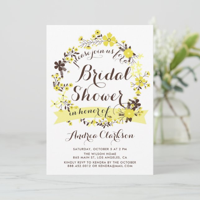 Pretty Yellow Floral Wreath Summer Bridal Shower Invitation (Standing Front)