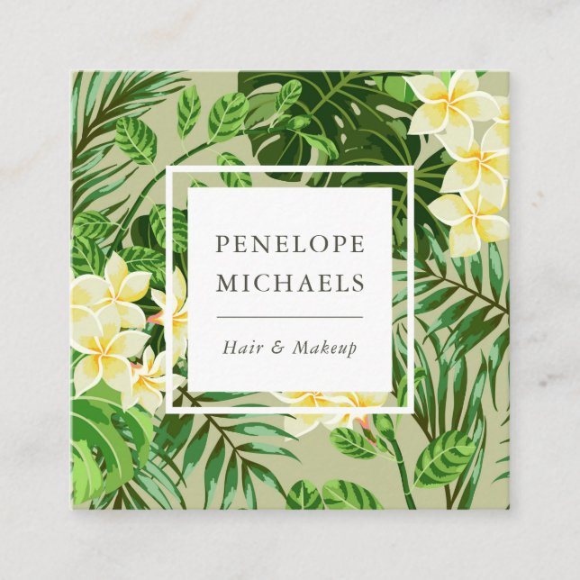 Pretty Yellow Flowers and Green Palms Square Business Card (Front)