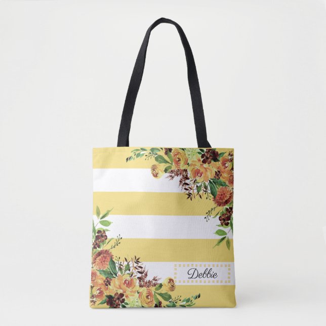 Pretty Yellow Flowers And Stripes Tote Bag (Front)