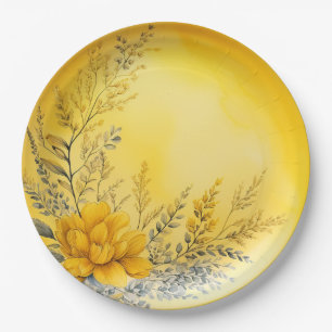 Pretty Yellow Flowers Ferns Greenery Paper Plate