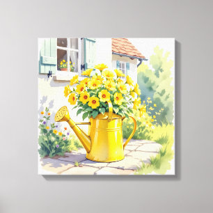 Pretty Yellow Flowers in Watering Can Canvas Print