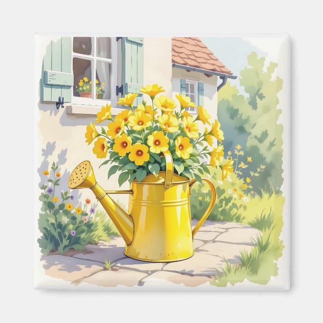 Pretty Yellow Flowers in Watering Can   Magnet (Front)