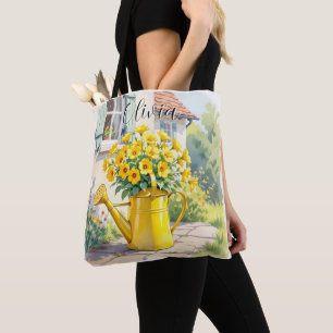 Pretty Yellow Flowers in Watering Can Personalised Tote Bag