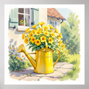 Pretty Yellow Flowers in Watering Can Poster