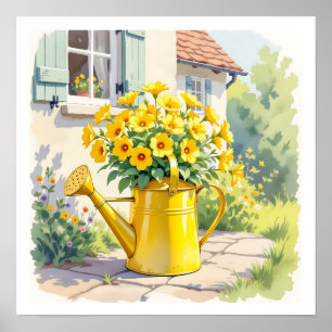 Pretty Yellow Flowers in Watering Can Poster