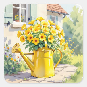 Pretty Yellow Flowers in Watering Can Square Sticker