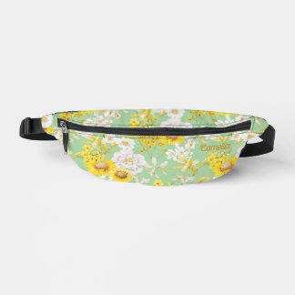 Pretty Yellow Green Floral Pattern Name Custom Bum Bags