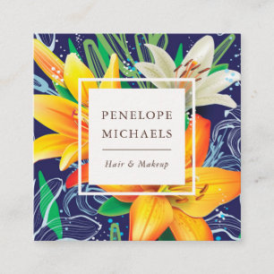 Pretty Yellow Lilies on Blue Square Business Card