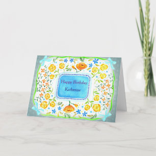 Pretty Yellow & Orange Floral Custom Name Birthday Card