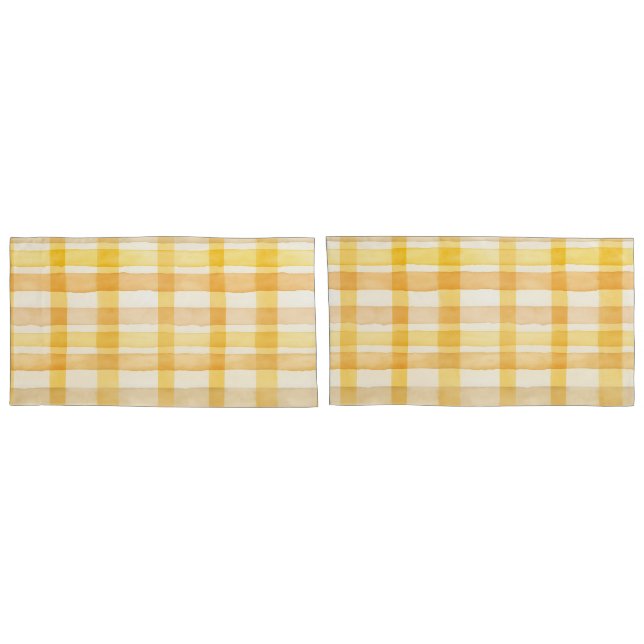 Pretty Yellow, Orange Watercolor Check Pattern Pillowcase (Back-Set)