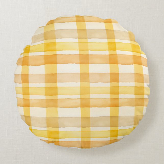 Pretty Yellow, Orange Watercolor Check Pattern Round Cushion (Front)