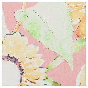Pretty Yellow & Pink Sunflowers Watercolor Paint Fabric