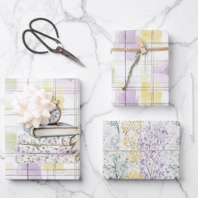 Pretty Yellow Purple Floral Books Clock Birthday Wrapping Paper Sheet (Front)