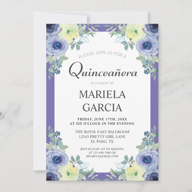Pretty Yellow Purple Floral Quinceañera Birthday   Invitation (Front)
