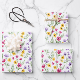 Pretty Yellow, Purple, Pink Floral Watercolor Wrapping Paper Sheet