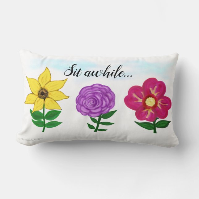 Pretty Yellow Purple Pink Garden Flowers Lumbar Cushion (Front)