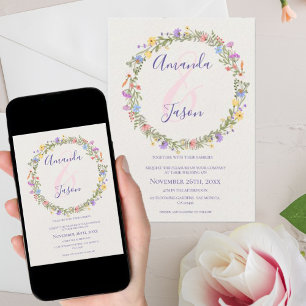 Pretty Yellow Purple Wildflowers Wreath Wedding Invitation