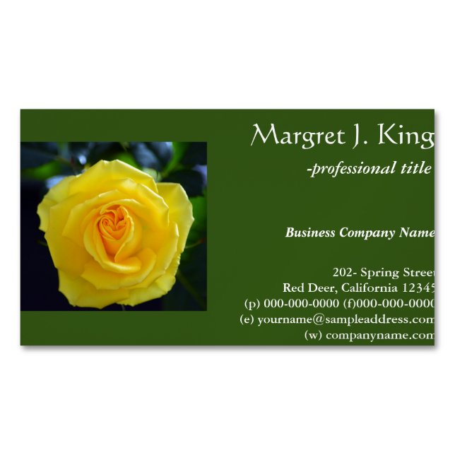 Pretty yellow rose flower green  business cards. 	Magnetic business card (Front)