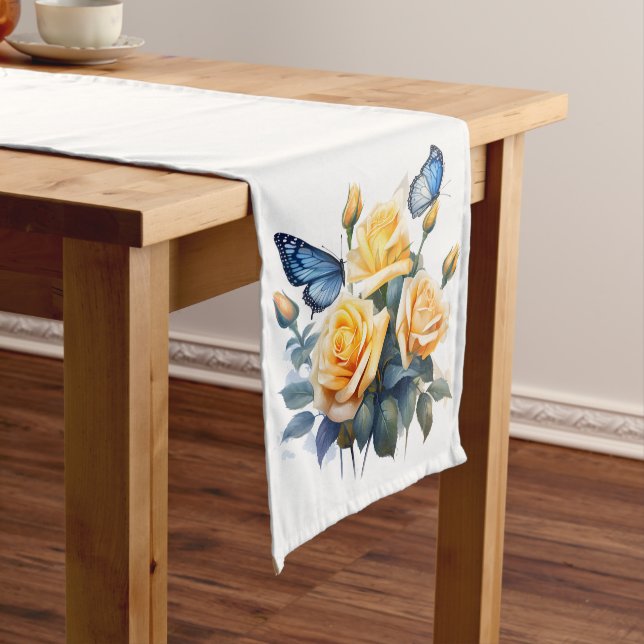 PRETTY YELLOW ROSES AND BLUE BUTTERFLIES LONG TABLE RUNNER (In Situ)