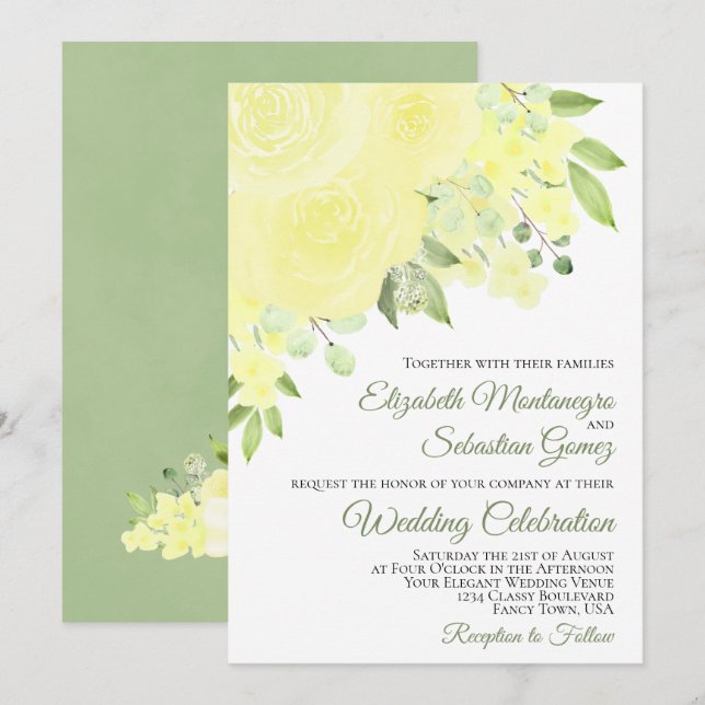 Pretty Yellow Roses & Blossoms Elegant Wedding Invitation (Front/Back)